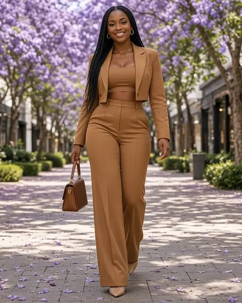Nolu in a camel suit on a jacaranda-lined street