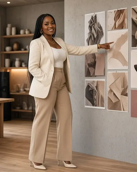 Nolu in a cream suit presenting a moodboard in a studio